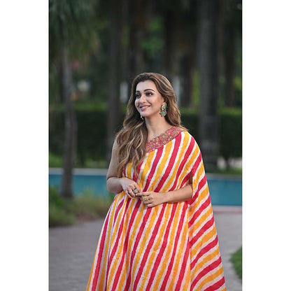 PINK CITY BY SARIKA Yellow Leheriya One-Shoulder Cape With Sharara (Set of 2)