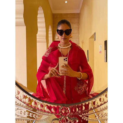 PINK CITY BY SARIKA Red Saree With Stitched Blouse