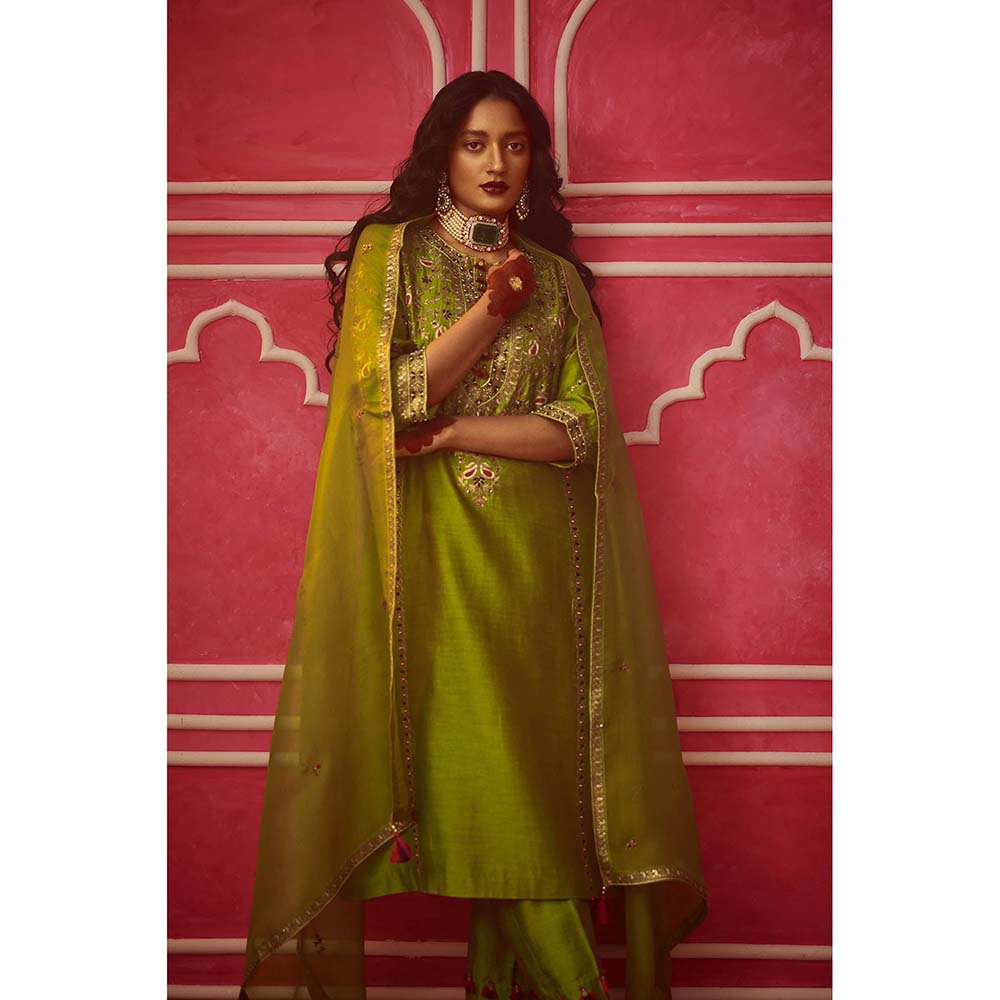 PINK CITY BY SARIKA Green Kurta With Pant And Dupatta (Set of 3)