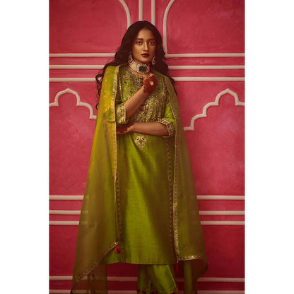 PINK CITY BY SARIKA Green Kurta With Pant And Dupatta (Set of 3)