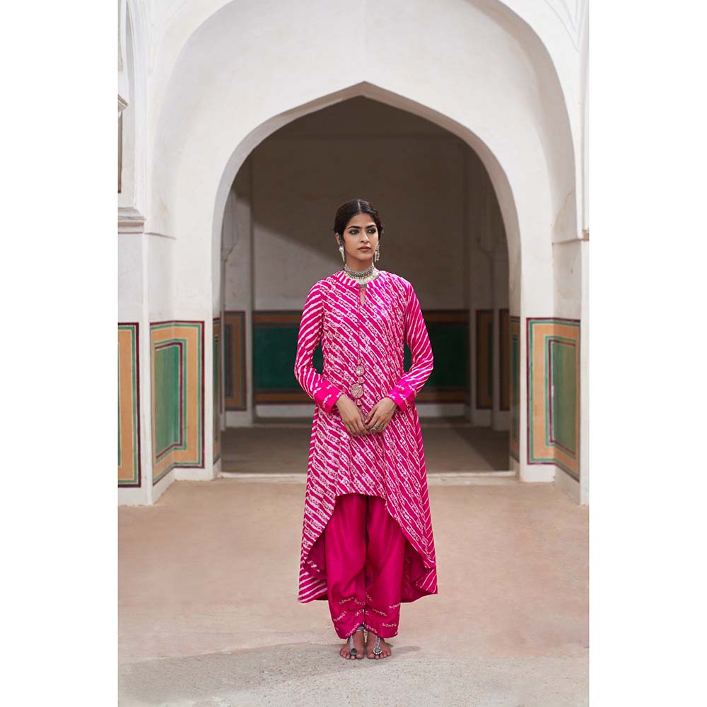 PINK CITY BY SARIKA Women's Leheriya High Low Embellished Kurta and Salwar (Set of 2)