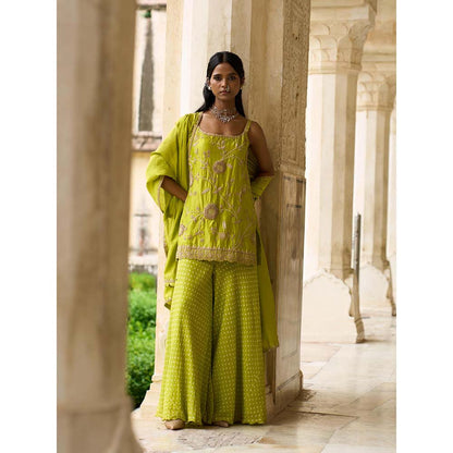 PINK CITY BY SARIKA Green Strappy Sunflower Sharara with Kurta and Dupatta (Set of 3)