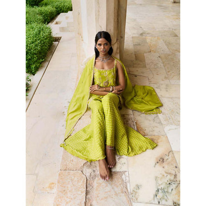 PINK CITY BY SARIKA Green Strappy Sunflower Sharara with Kurta and Dupatta (Set of 3)