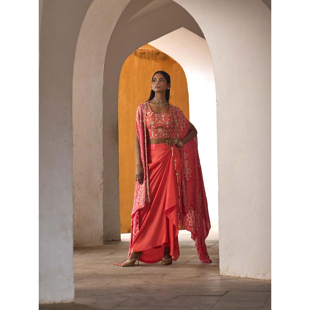PINK CITY BY SARIKA Peach Suraj Mukhi Cape with Blouse and Skirt (Set of 3)