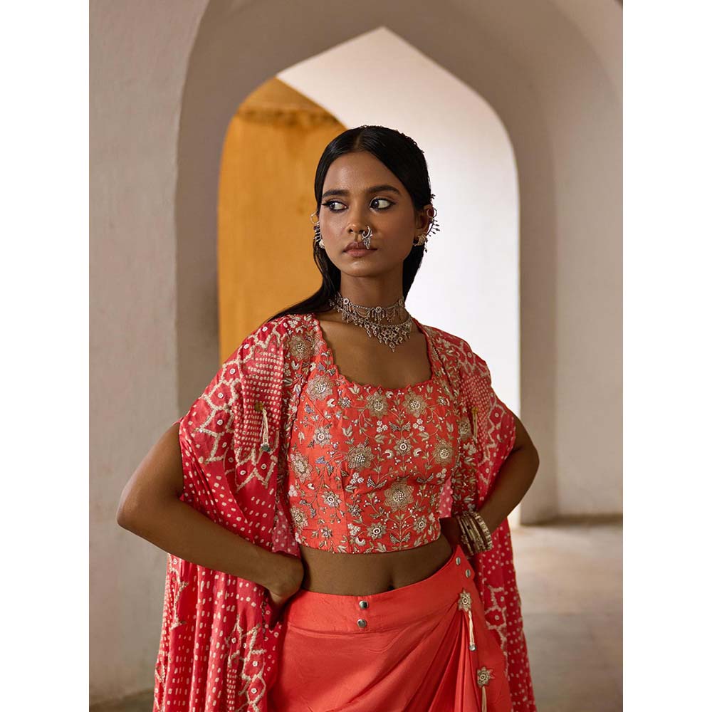 PINK CITY BY SARIKA Peach Suraj Mukhi Cape with Blouse and Skirt (Set of 3)