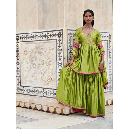 PINK CITY BY SARIKA Green Suraj Mukhi Angrakha with Sharara and Dupatta (Set of 3)