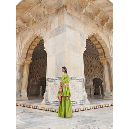 PINK CITY BY SARIKA Green Suraj Mukhi Angrakha with Sharara and Dupatta (Set of 3)