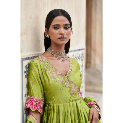 PINK CITY BY SARIKA Green Suraj Mukhi Angrakha with Sharara and Dupatta (Set of 3)