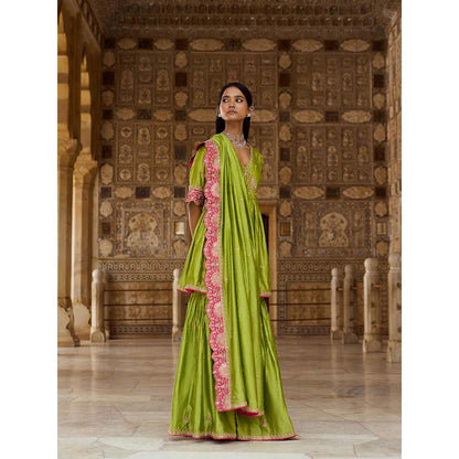 PINK CITY BY SARIKA Green Suraj Mukhi Angrakha with Sharara and Dupatta (Set of 3)