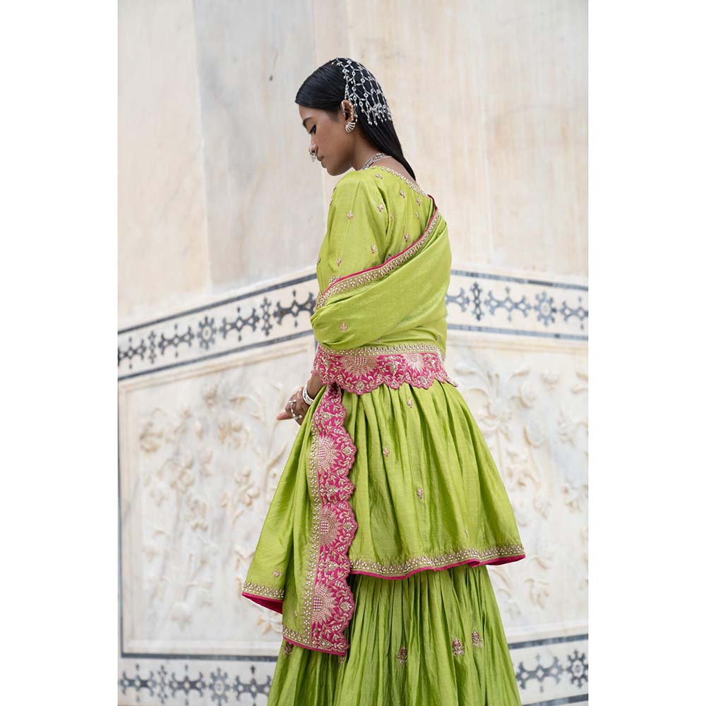 PINK CITY BY SARIKA Green Suraj Mukhi Angrakha with Sharara and Dupatta (Set of 3)