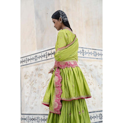 PINK CITY BY SARIKA Green Suraj Mukhi Angrakha with Sharara and Dupatta (Set of 3)