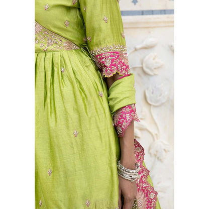 PINK CITY BY SARIKA Green Suraj Mukhi Angrakha with Sharara and Dupatta (Set of 3)