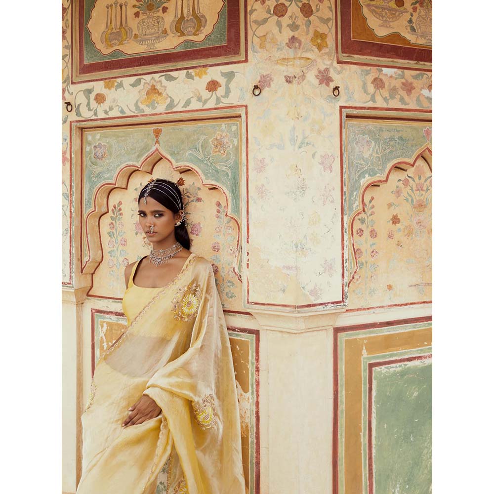 PINK CITY BY SARIKA Yellow Embroidered Saree with Unstitched Blouse