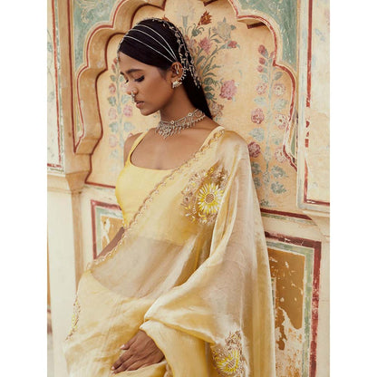 PINK CITY BY SARIKA Yellow Embroidered Saree with Unstitched Blouse