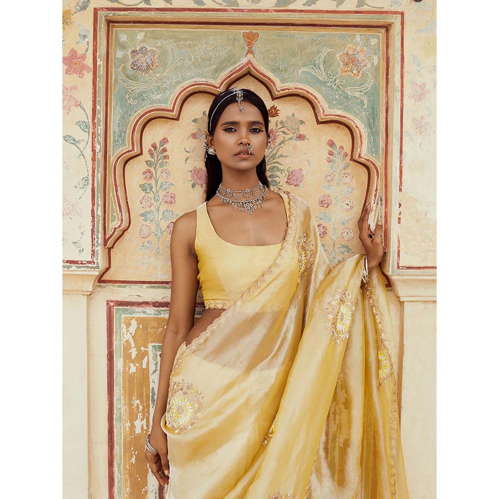 PINK CITY BY SARIKA Yellow Embroidered Saree with Unstitched Blouse