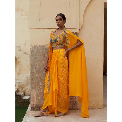 PINK CITY BY SARIKA Yellow Blouse with Skirt, Cape, Drape and Potli (Set of 5)