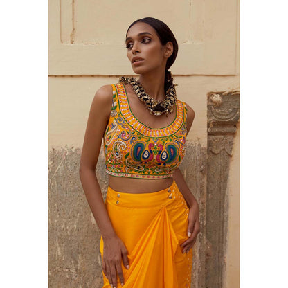 PINK CITY BY SARIKA Yellow Blouse with Skirt, Cape, Drape and Potli (Set of 5)