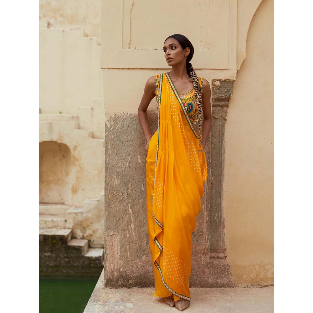 PINK CITY BY SARIKA Yellow Blouse with Skirt, Cape, Drape and Potli (Set of 5)