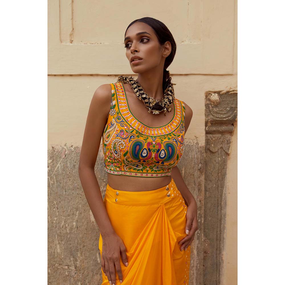 PINK CITY BY SARIKA Yellow Blouse with Skirt and Cape (Set of 3)