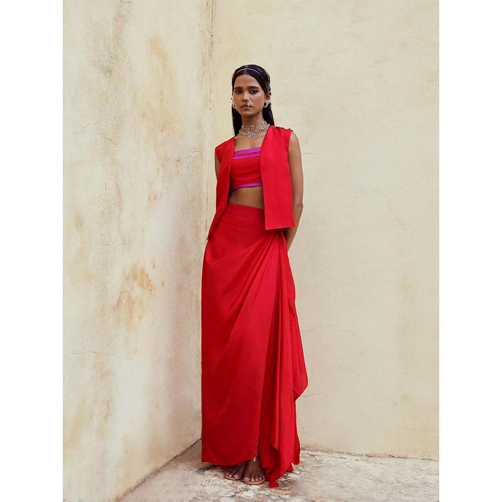 PINK CITY BY SARIKA Red Bustier with Skirt and Jacket (Set of 3)