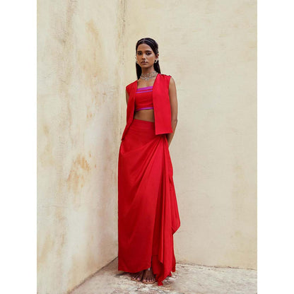 PINK CITY BY SARIKA Red Bustier with Skirt and Jacket (Set of 3)