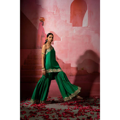 PINK CITY BY SARIKA Green Kairi Off Shoulder Kurta and Sharara (Set of 2)