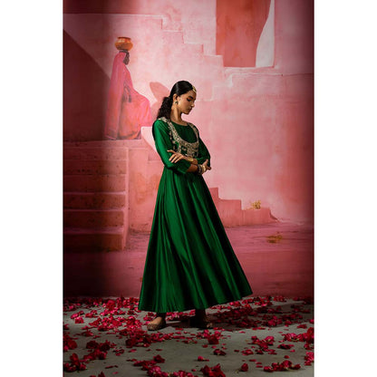 PINK CITY BY SARIKA Green Jodha Embroidered Jacket with Anarkali and Dupatta (Set of 3)