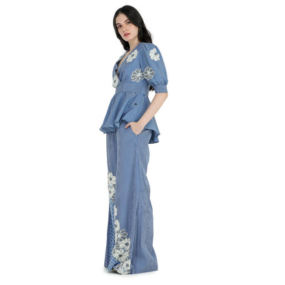 Pinnacle By Shruti Sancheti Blue Printed and Embroidered Peplum Top with Palazzo (Set of 2)