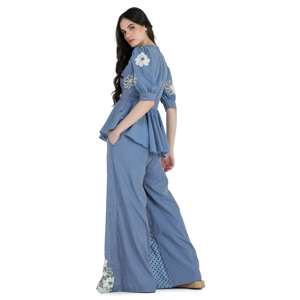 Pinnacle By Shruti Sancheti Blue Printed and Embroidered Peplum Top with Palazzo (Set of 2)
