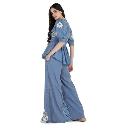 Pinnacle By Shruti Sancheti Blue Printed and Embroidered Peplum Top with Palazzo (Set of 2)