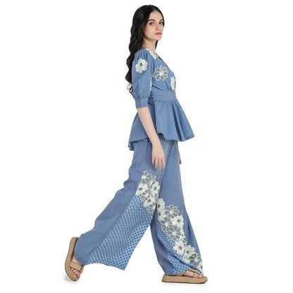 Pinnacle By Shruti Sancheti Blue Printed and Embroidered Peplum Top with Palazzo (Set of 2)