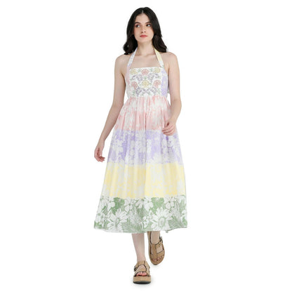 Pinnacle By Shruti Sancheti White Halter Neck Printed and Embroidered Midi Dress