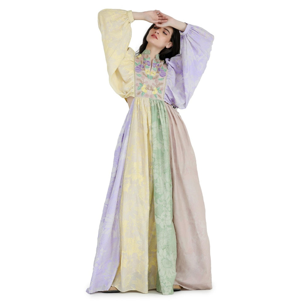 Pinnacle By Shruti Sancheti Colorblock Mul Floral Printed and Embroidered Maxi Dress