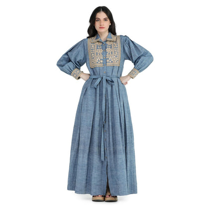 Pinnacle By Shruti Sancheti Blue Khadi Embroidered Shirt Maxi Dress with Sash Belt (Set of 2)