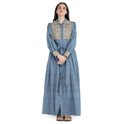 Pinnacle By Shruti Sancheti Blue Khadi Embroidered Shirt Maxi Dress with Sash Belt (Set of 2)