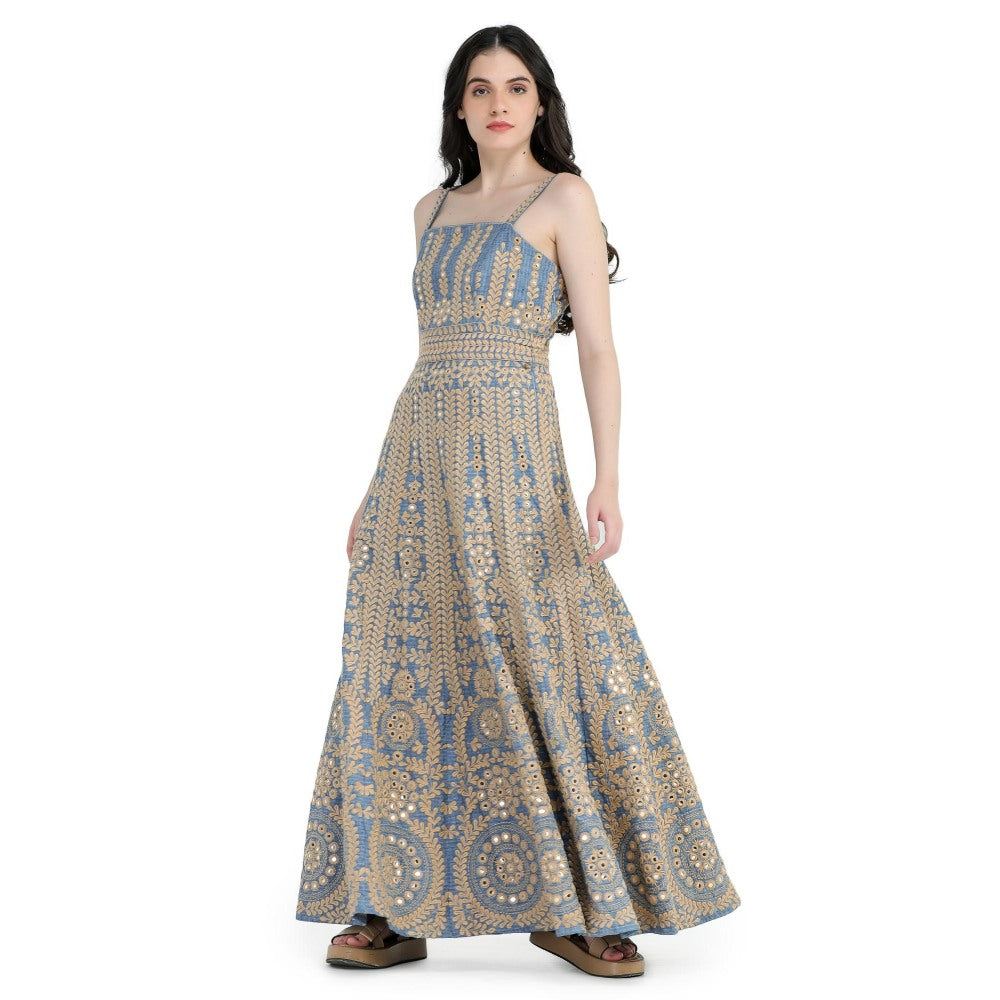 Pinnacle By Shruti Sancheti Blue Khadi Embroidered Maxi Dress