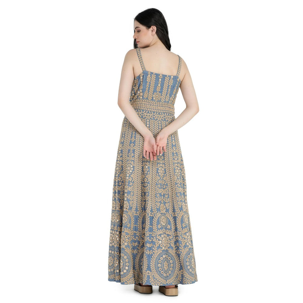 Pinnacle By Shruti Sancheti Blue Khadi Embroidered Maxi Dress