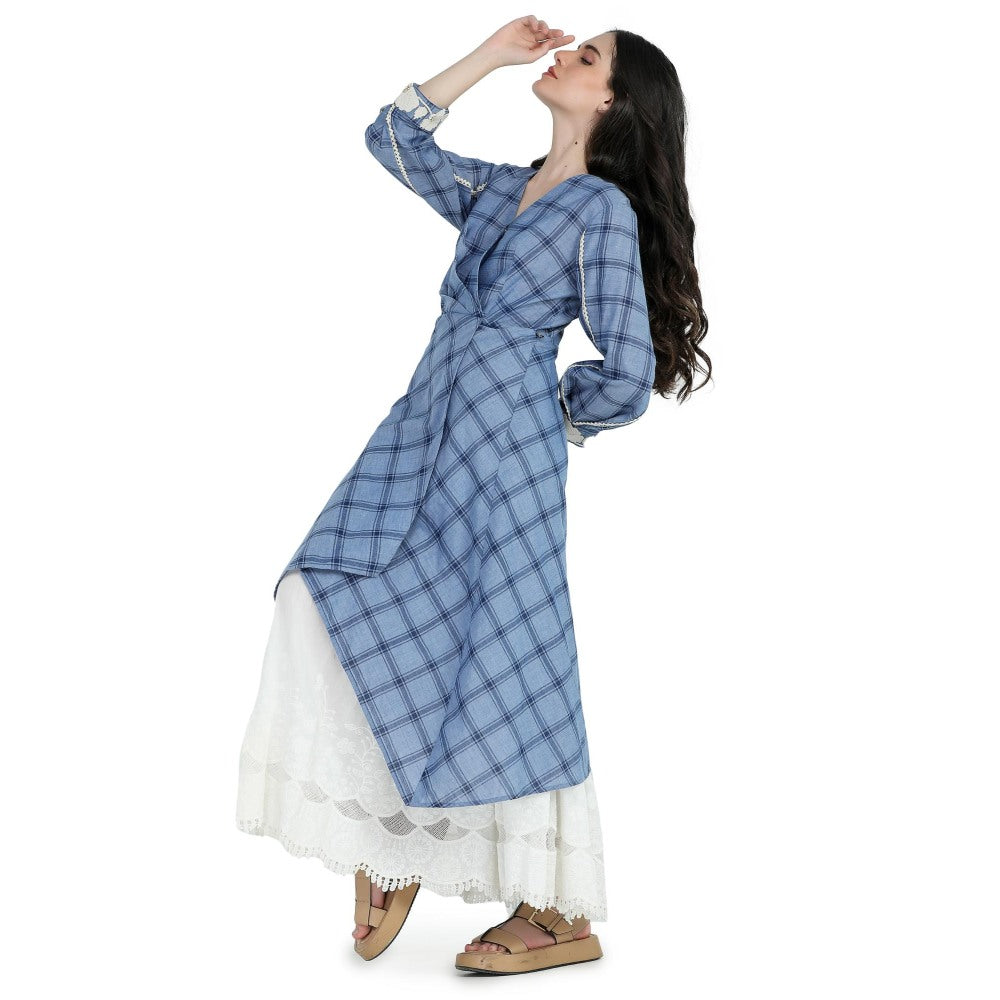 Pinnacle By Shruti Sancheti Blue Check and Schiffli Layered Dress