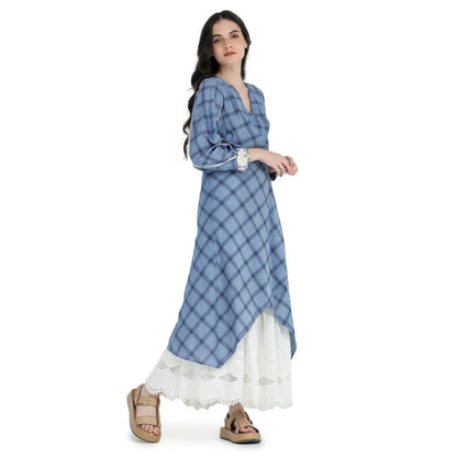 Pinnacle By Shruti Sancheti Blue Check and Schiffli Layered Dress