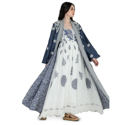 Pinnacle By Shruti Sancheti Blue Chambray Embroidered and Printed Long Jacket