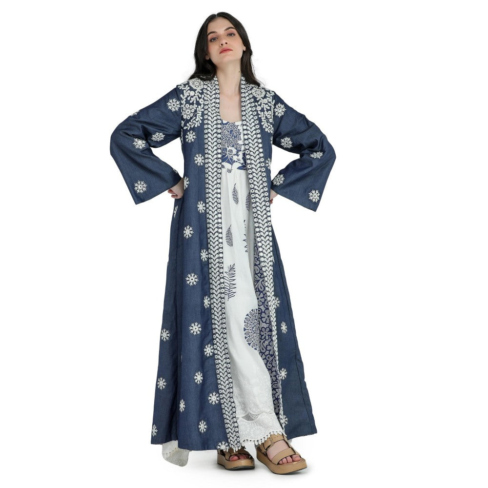 Pinnacle By Shruti Sancheti Blue Chambray Embroidered and Printed Long Jacket
