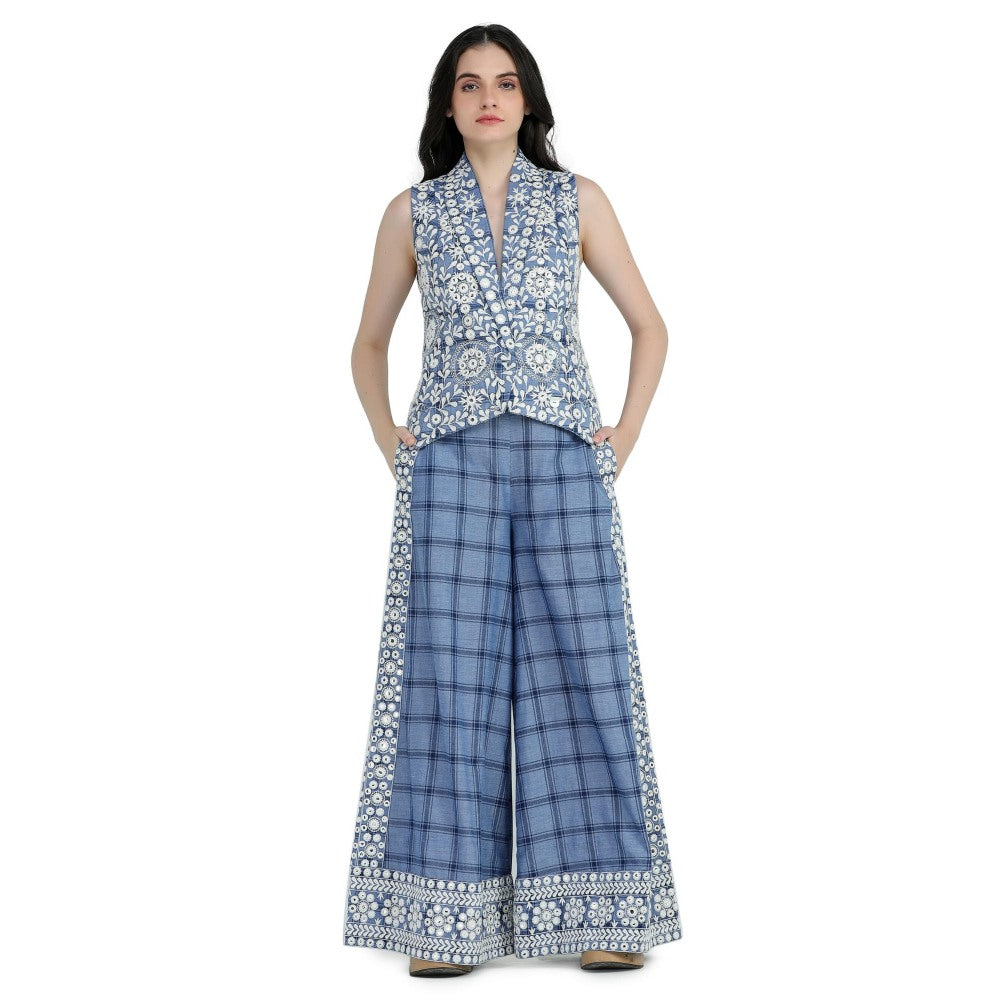 Pinnacle By Shruti Sancheti Blue Checks Embroidered Waist Coat