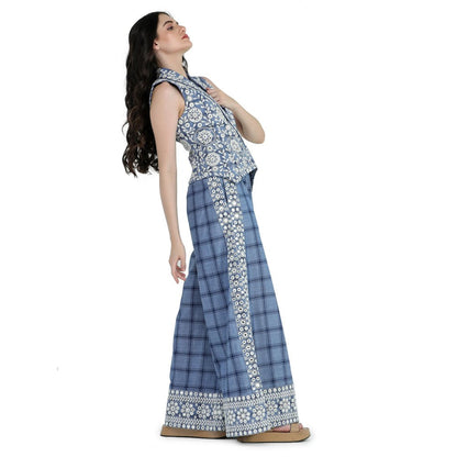 Pinnacle By Shruti Sancheti Blue Checks Embroidered Waist Coat