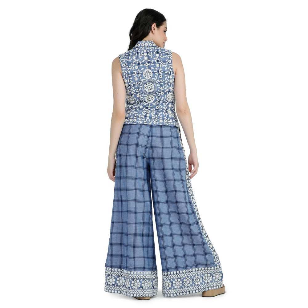 Pinnacle By Shruti Sancheti Blue Checks Embroidered Waist Coat