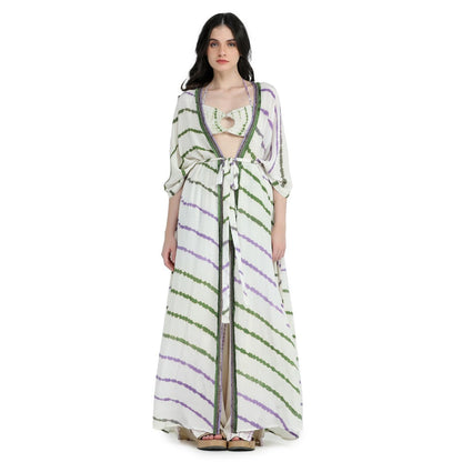 Pinnacle By Shruti Sancheti Bone Crepe Tie and Dye Kimono Throw with Bustier and Pant