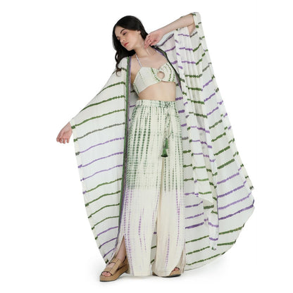 Pinnacle By Shruti Sancheti Bone Crepe Tie and Dye Kimono Throw with Bustier and Pant