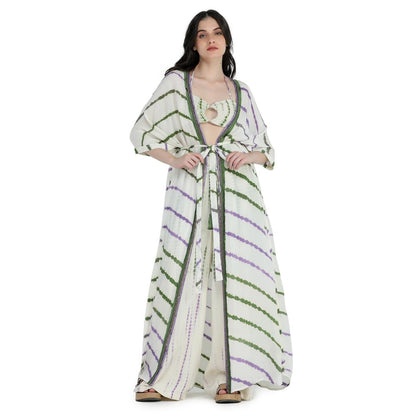 Pinnacle By Shruti Sancheti Bone Crepe Tie and Dye Kimono Throw with Bustier and Pant