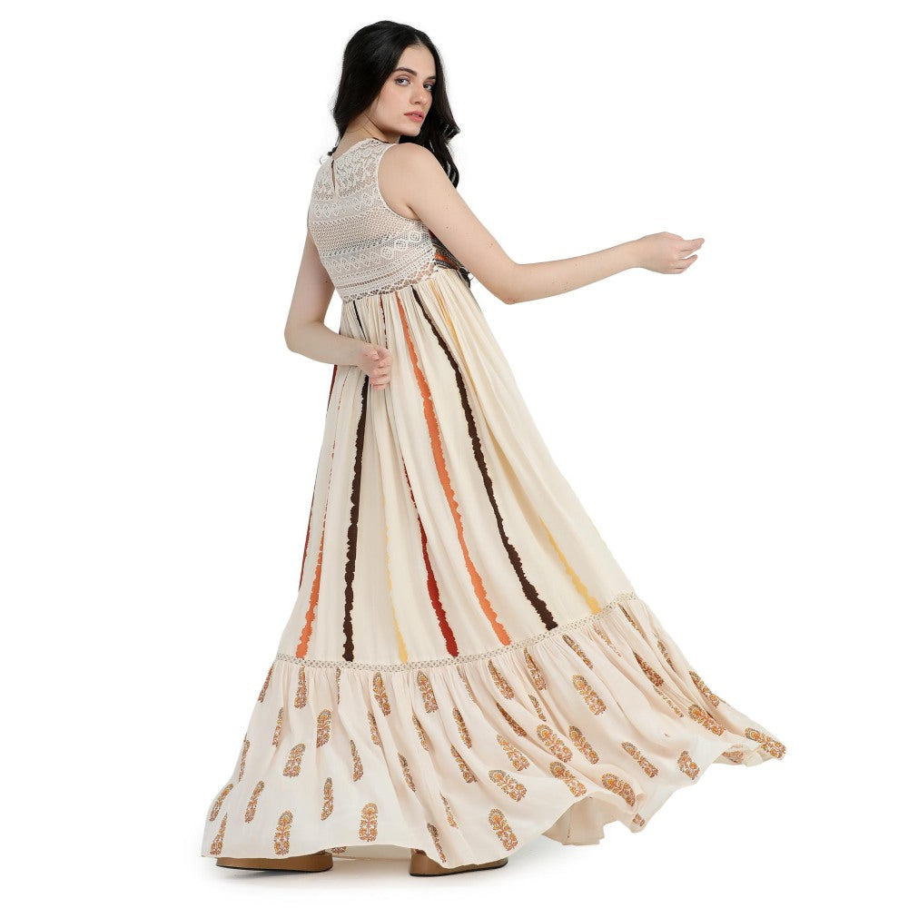 Pinnacle By Shruti Sancheti Bone Crepe Tie and Dye Embroidered Maxi Dress