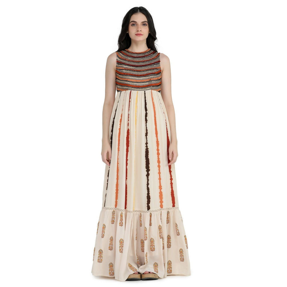 Pinnacle By Shruti Sancheti Bone Crepe Tie and Dye Embroidered Maxi Dress