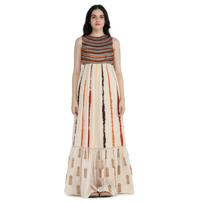 Pinnacle By Shruti Sancheti Bone Crepe Tie and Dye Embroidered Maxi Dress